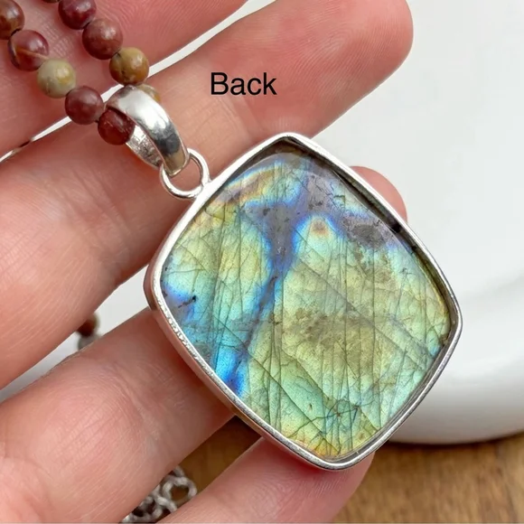 Southwest Pure Sterling Silver 925 Flash Labradorite Pendant Jasper Necklace - Picture 6 of 9